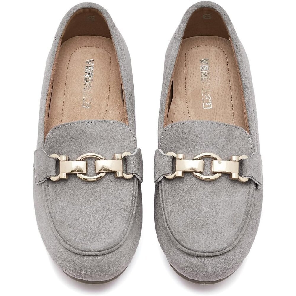 Womens Grey Faux Leather Slip On Comfort Chunky Heel Lug Sole Loafers